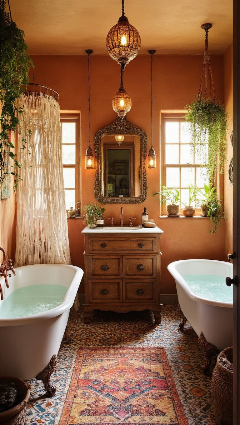 Bohemian-style windowless bathroom with clawfoot tub, ornate wooden vanity, vintage mirrors, Moroccan tile floor, terracotta walls, and eclectic global decor lit by pendant and candlelight.