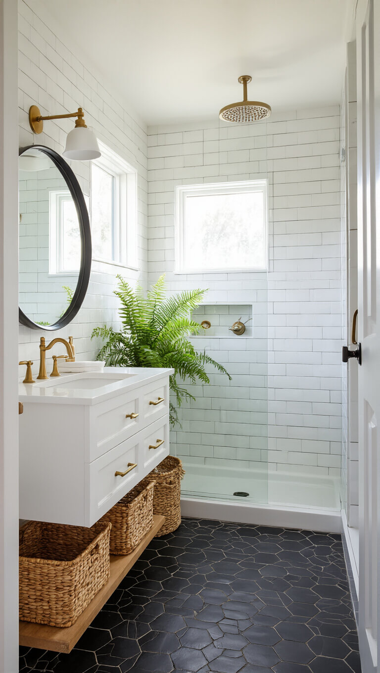 Small, sunlit bathroom with white subway tiles, black hex floor, floating vanity, brass accents, glass shower, and potted fern.
