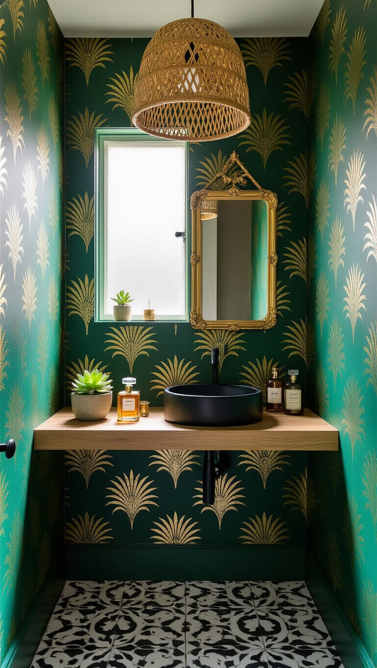 Low-angle view of a small powder room with emerald green and gold palm wallpaper, black and white patterned floor tiles, a black wall-mounted sink, gold-framed mirror, wooden shelf with vintage perfumes and succulent, and a rattan pendant light casting shadows.