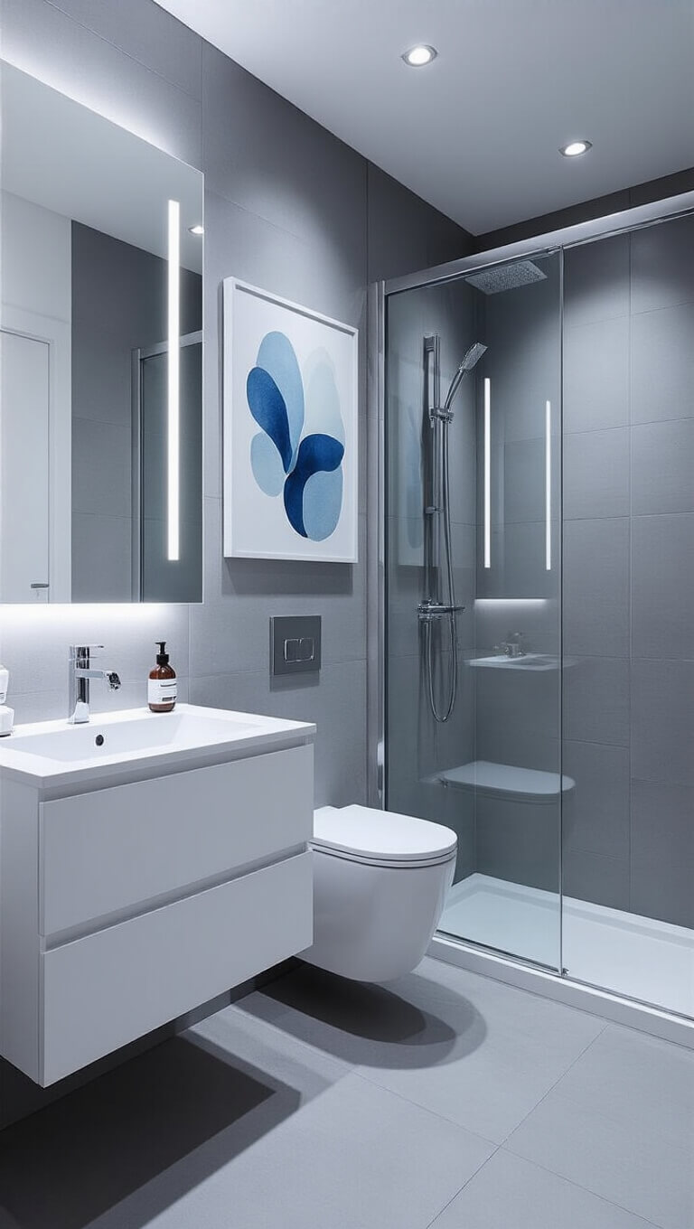 Minimalist 7x5 ft bathroom with grey large-format tiles, floating white vanity, frameless mirror, wall-mounted toilet, glass shower, abstract blue-grey art, and LED accent lighting.
