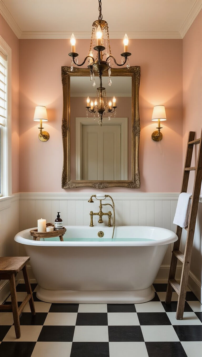 Vintage-inspired bathroom with blush walls, black and white checkered floor, clawfoot tub, ornate mirror, brass fixtures, and warm chandelier lighting.