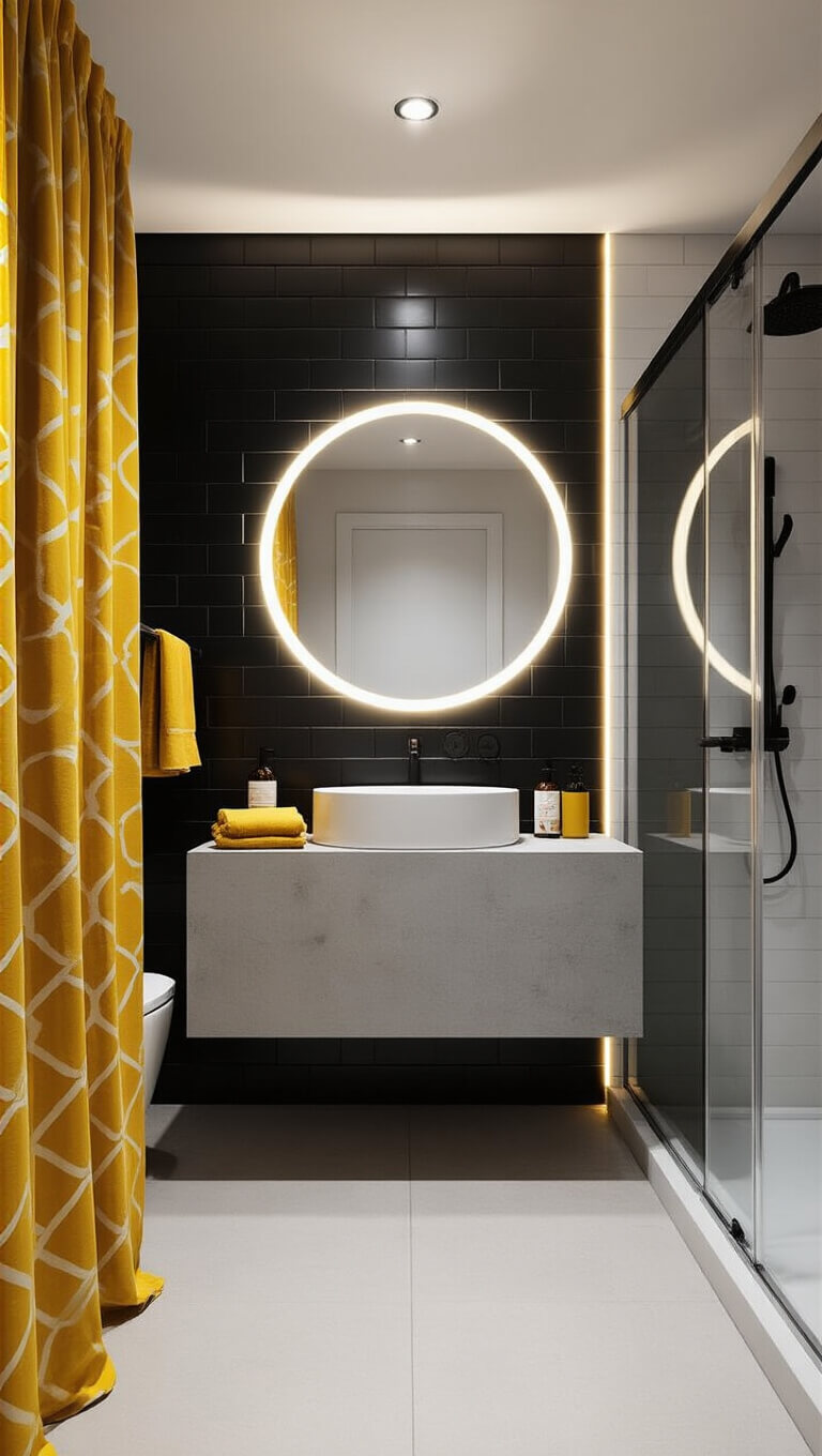 Modern 5x7 ft bathroom with matte black accent wall, floating concrete vanity, backlit round mirror, and geometric mustard yellow accents.
