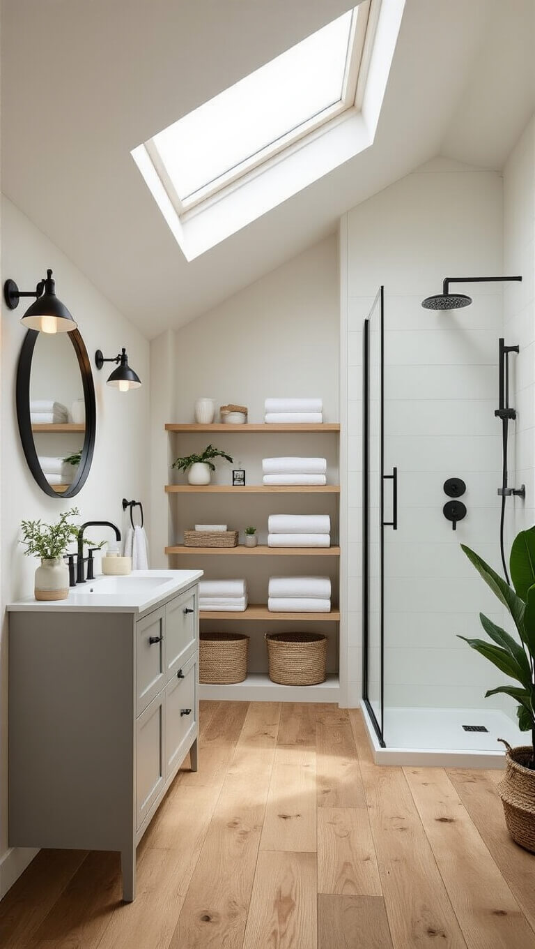 High-angle view of a small Scandinavian-style bathroom with warm wood floors, white walls, grey vanity, round mirror, black sconces, open shelving, glass walk-in shower, and large skylight.