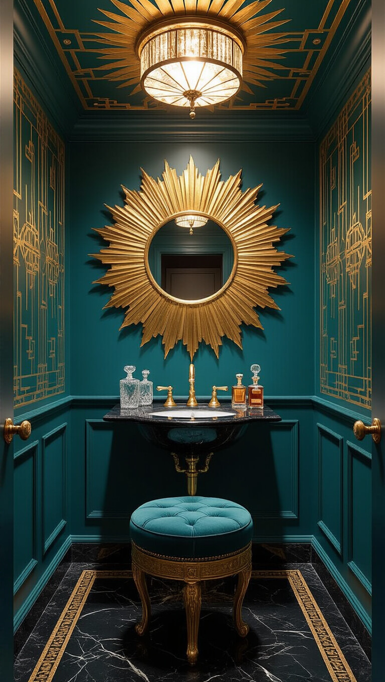 Opulent Art Deco powder room with deep teal walls, gold geometric patterns, and black marble floor; gold sunburst mirror with lighting, ornate pedestal sink, and vintage crystal accents.