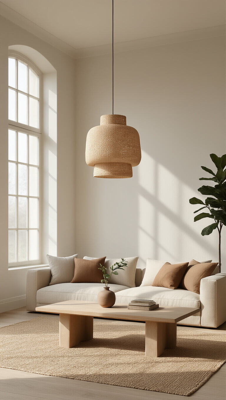 Minimalist living room with beige sofa, wabi sabi clay pendant light, pale wood floors, earth-toned cushions, jute rug, oak coffee table, and potted fiddle leaf fig in soft afternoon light.