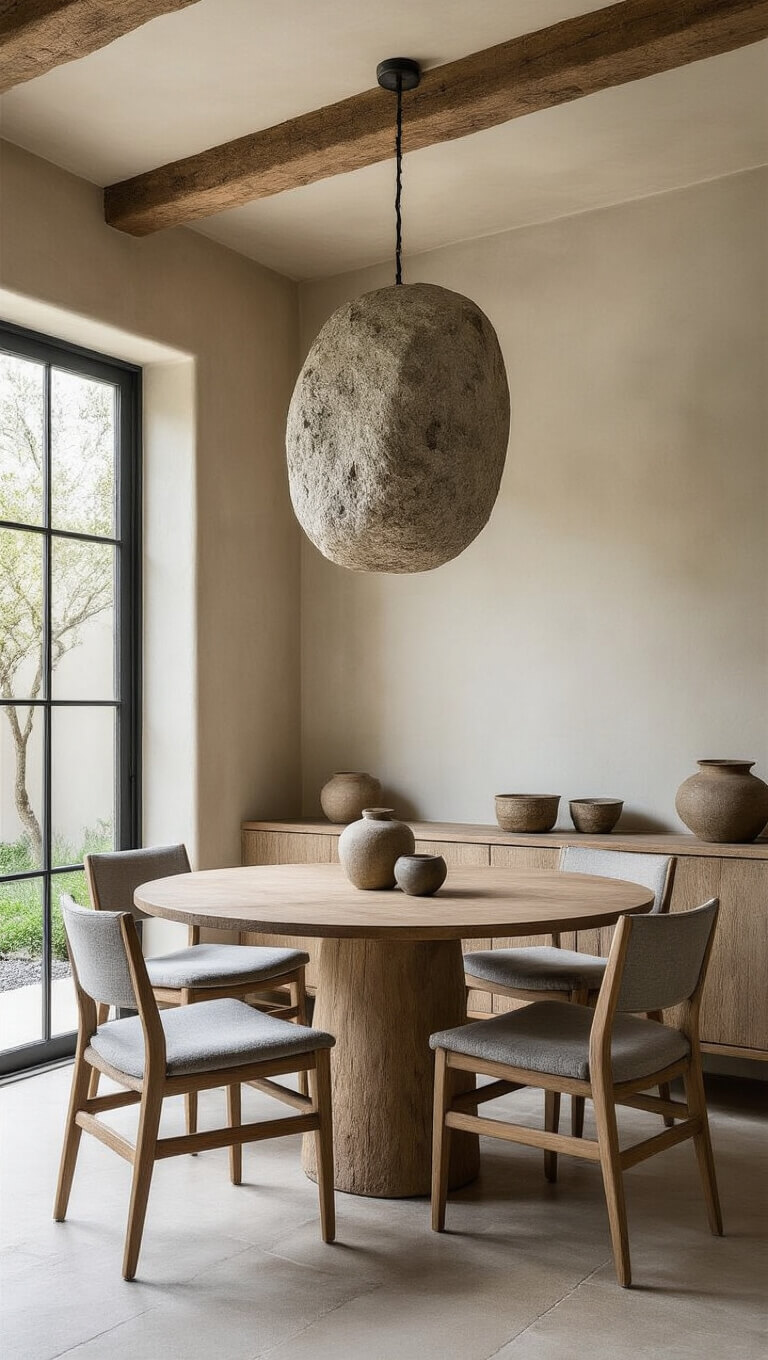 Low-angle view of a cozy dining nook with a round oak table, stone wabi sabi pendant, mid-century modern chairs, plaster walls, and a window overlooking a zen garden.