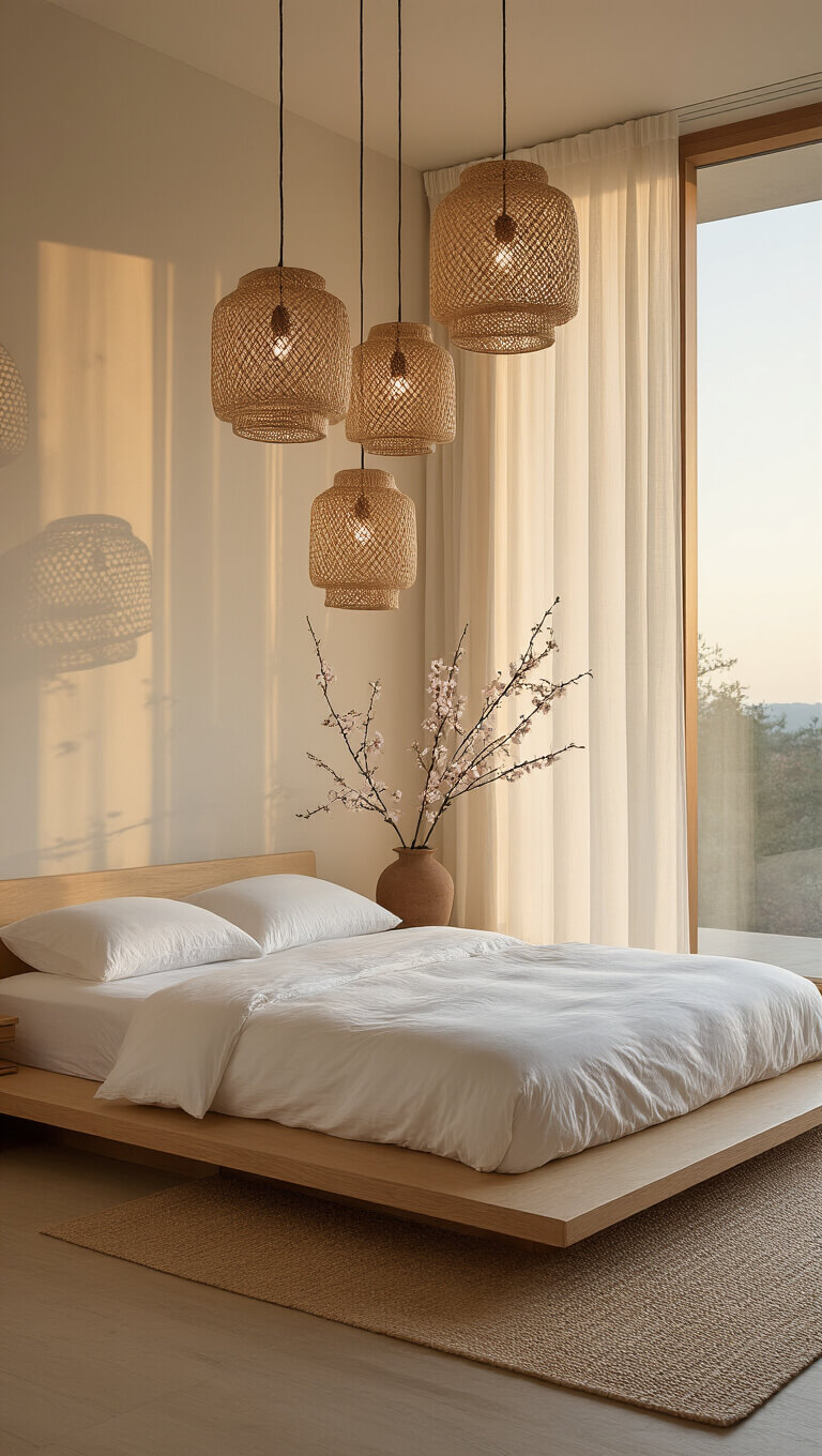 Zen-inspired bedroom with king-size platform bed, rattan pendant lights casting patterns, pale ash dresser, sheer linen curtains, and cherry blossom vase at sunset.