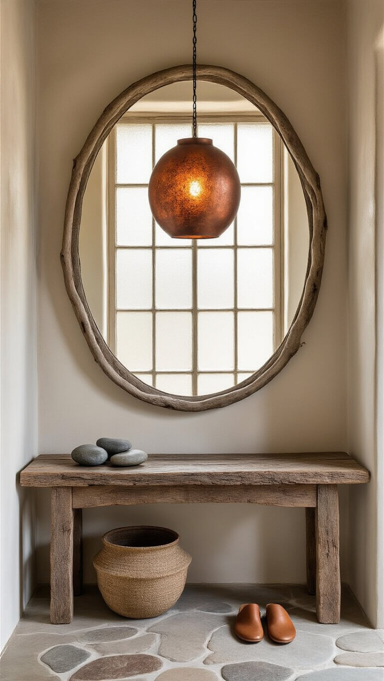 Close-up of a weathered copper wabi-sabi pendant light in a tranquil 8x10 entryway with hand-troweled plaster walls, driftwood-framed mirror, reclaimed wood console, and pebble stone flooring.