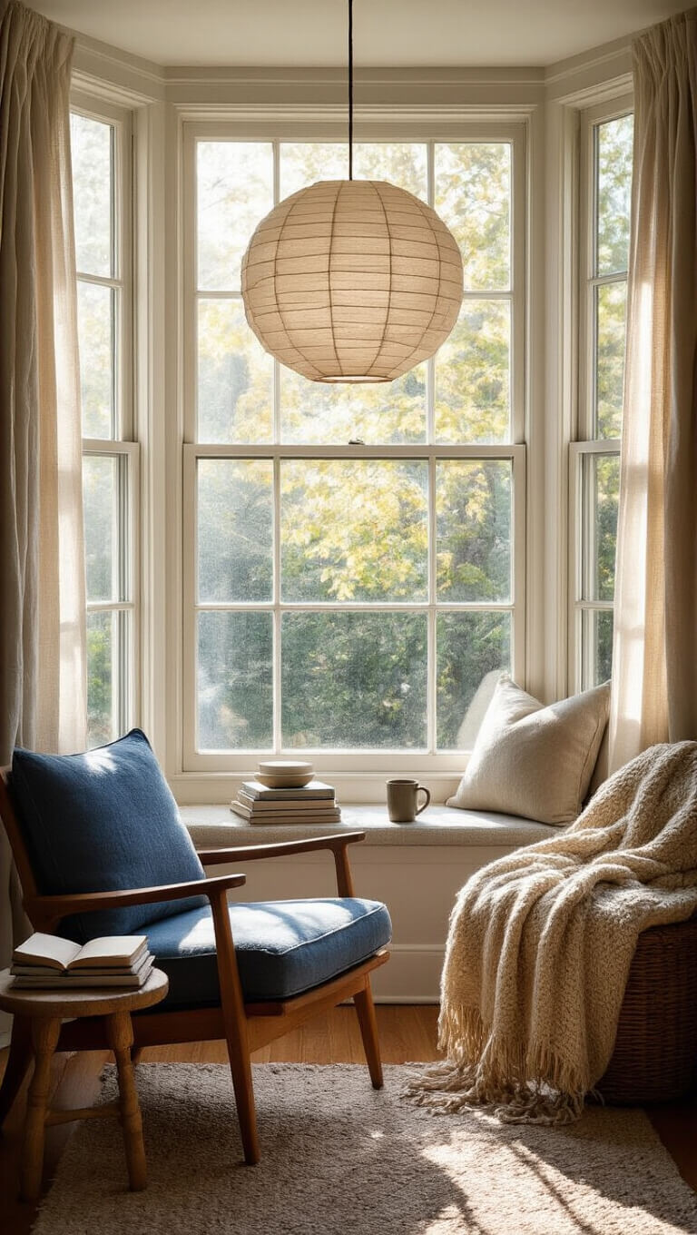 Cozy reading nook in a sunlit bay window with wabi sabi paper pendant, mid-century indigo armchair, pine table with books and mug, sheer curtains, and wool throw, viewed from low seated angle.