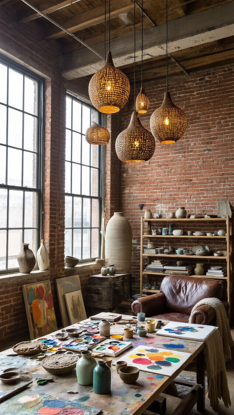Wide-angle view of an artist’s loft studio with exposed brick walls, large industrial windows, wabi sabi pendant lights above a paint-covered work table, and shelves filled with pottery and driftwood sculptures.