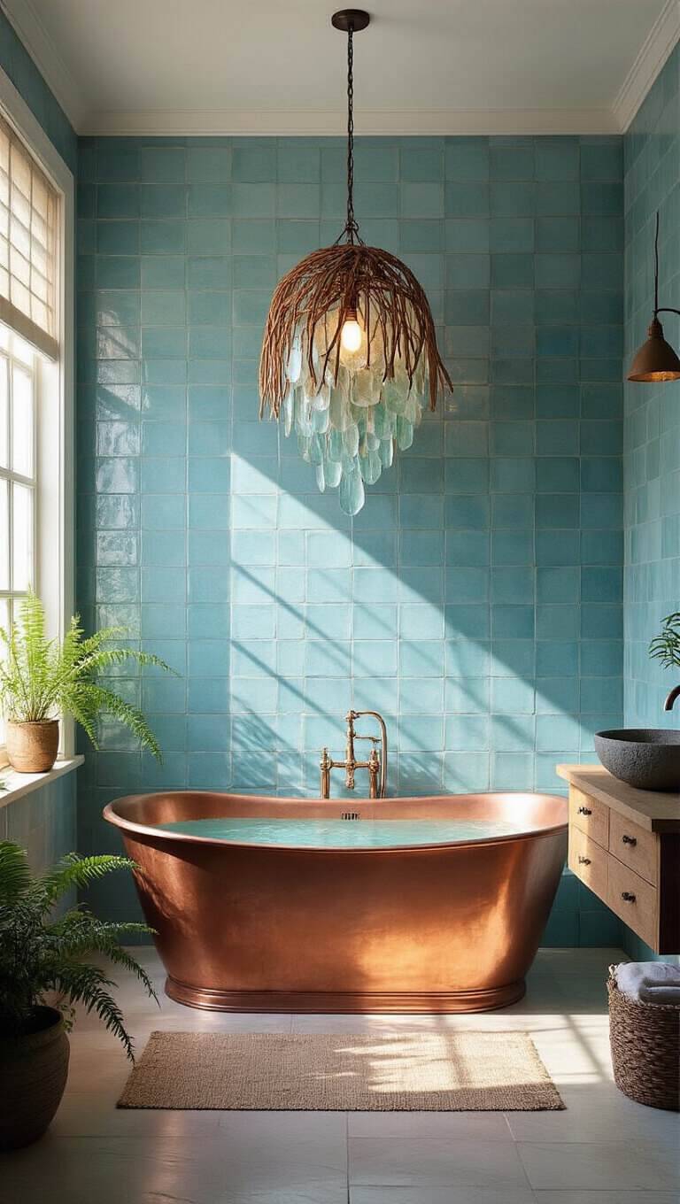 Low angle view of a serene 12x15 ft bathroom with a copper freestanding tub beneath a sea glass and driftwood pendant, casting reflections on water; blue ceramic tile walls, teak vanity with stone sink, and lush greenery accentuate the spa-like ambiance.