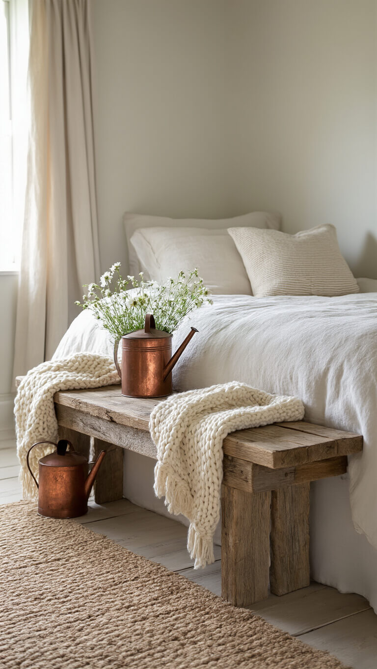Cozy bedroom corner with a weathered wood bench at the foot of an unmade linen bed, cream knit throw draped over the bench, and a copper watering can with wildflowers on the floor, all bathed in soft morning light.