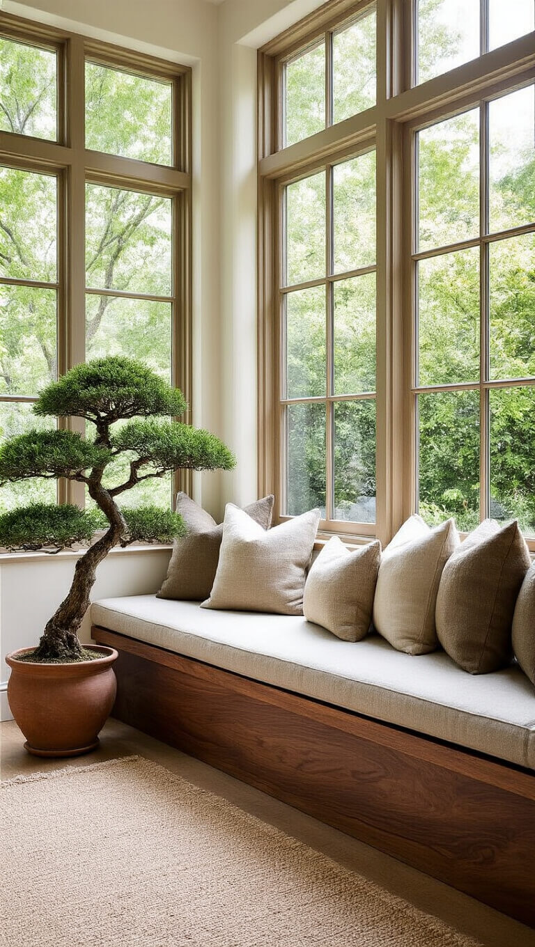Airy home office with floor-to-ceiling windows, walnut bench window seat with earth-toned pillows and bonsai tree, overlooking a lush garden in bright natural light.