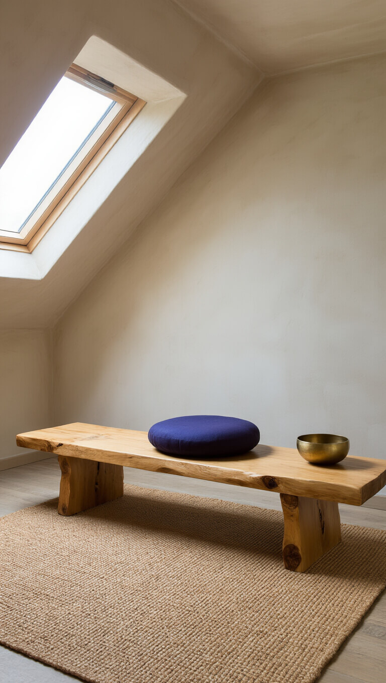 Cozy attic meditation nook with a low elm bench on a jute rug, indigo zafu cushion, brass singing bowl, and natural clay plaster walls illuminated by soft skylight.