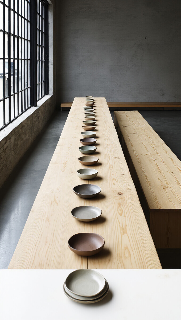 Minimalist dining area with a long pine bench beside a raw-edge table on polished concrete floors, ceramic plates in earth tones, and large industrial windows providing cool, even lighting.