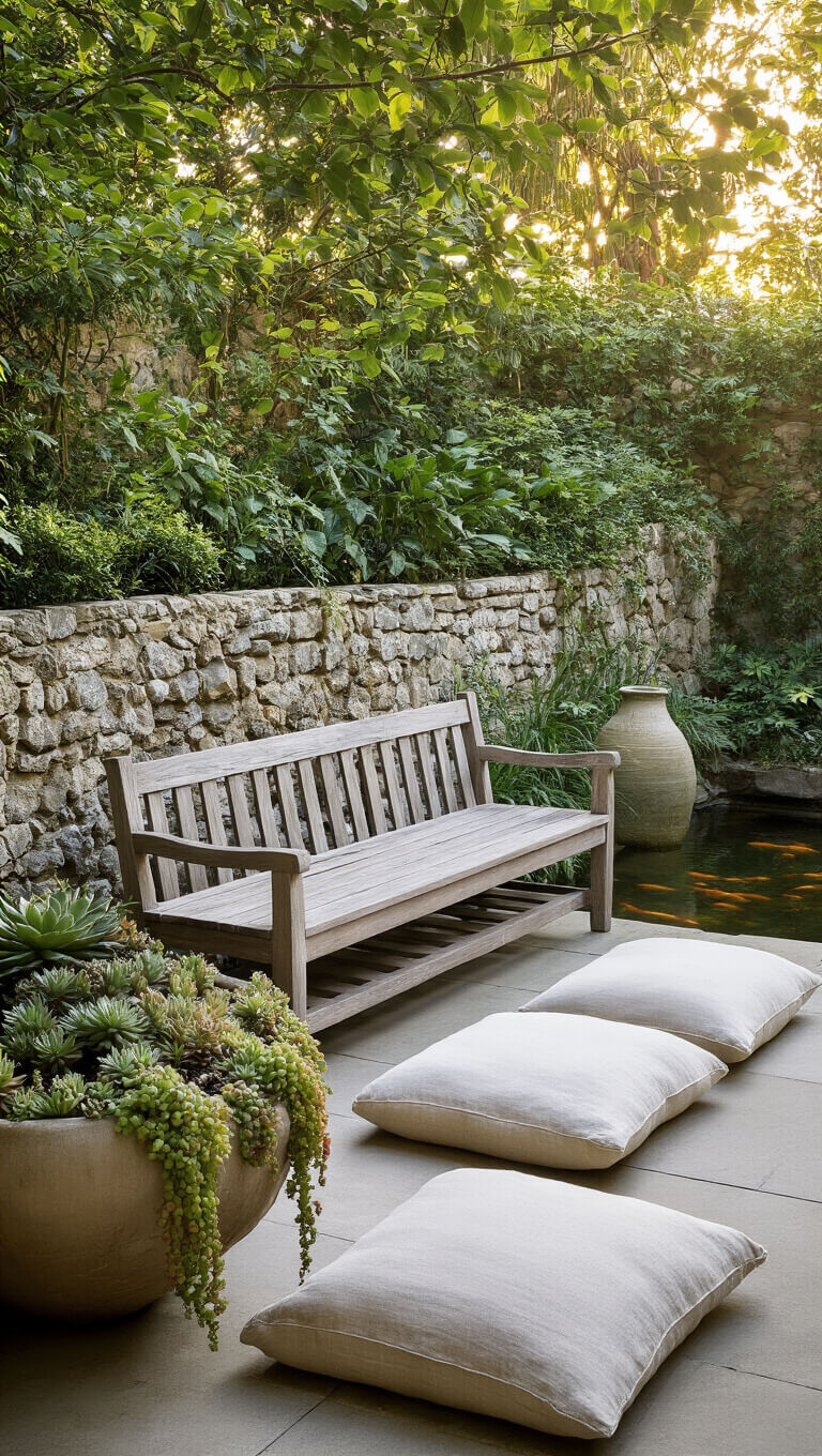 Tranquil outdoor patio with weathered teak bench overlooking a koi pond, surrounded by greenery and stone walls, bathed in golden hour light.