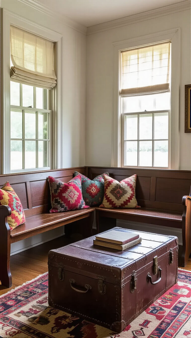 Eclectic living room with high ceilings featuring a dark wood church pew with colorful kilim pillows, a distressed leather trunk coffee table, and warm layered lighting.