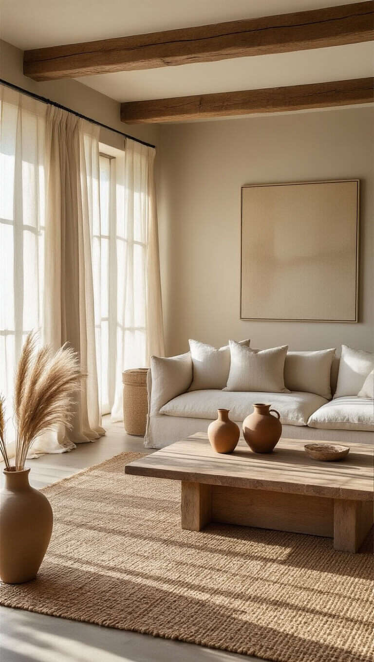 Sunlit living room with wooden beams, linen sofa, jute rug, and earthy decor in warm, muted tones.