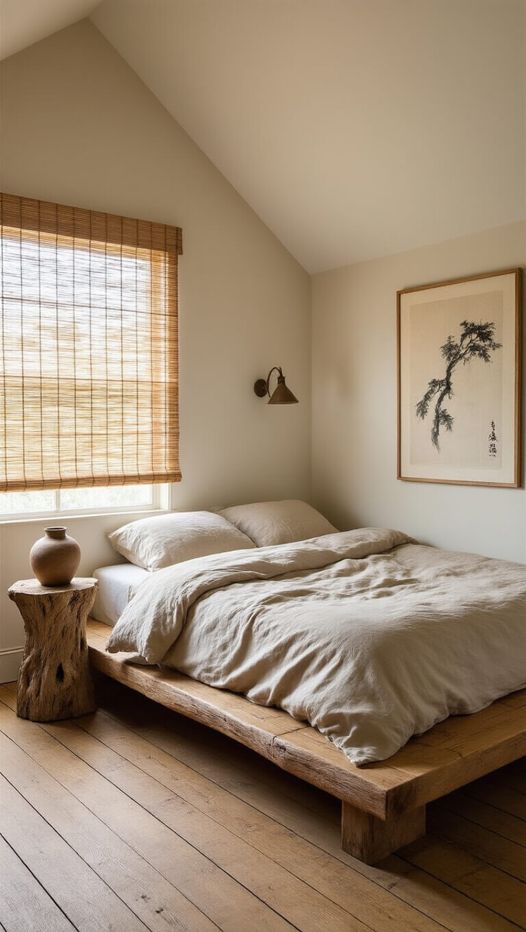 Cozy compact bedroom with slanted ceiling, platform bed in rumpled ecru linen, driftwood side table with ceramic lamp, aged wooden floors, and wabi sabi ink painting above bed, bathed in soft early morning light through bamboo blinds.