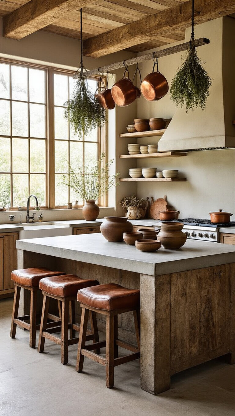 Sunlit spacious kitchen with concrete countertops, open shelving, distressed wood island, copper pots, leather stools, and dried herbs hanging from exposed beams.
