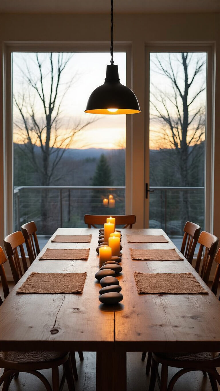 Minimalist dining area with live-edge wooden table, mismatched vintage chairs, river stones and beeswax candles centerpiece, at dusk with warm ambient lighting.