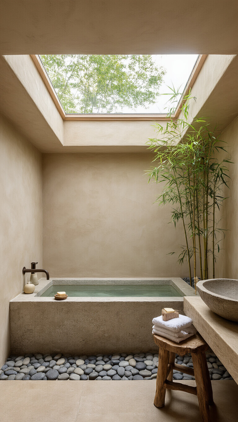 Zen-inspired bathroom with stone tub under skylight, surrounded by pebbles, river stone sink, bamboo plant, and soft natural lighting.