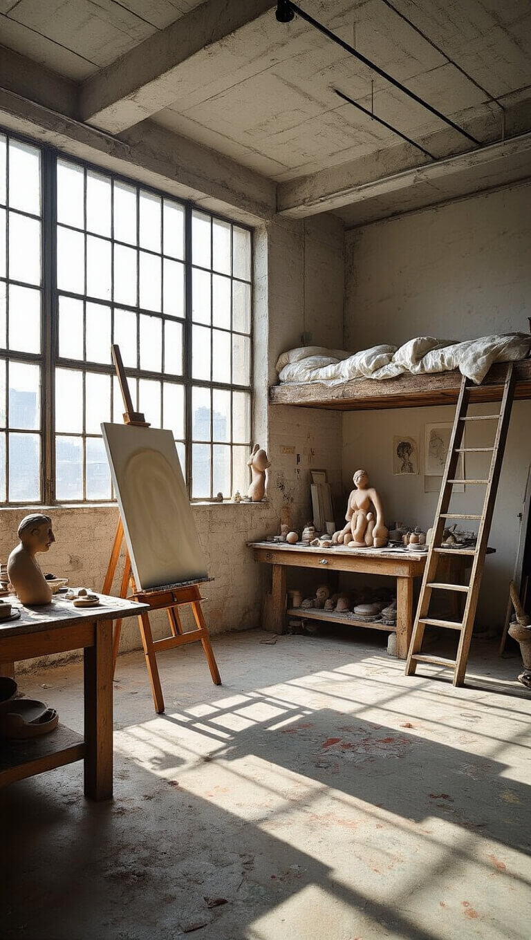 Wide-angle view of an artist's industrial loft studio with dramatic late afternoon light, showing an easel with an unfinished painting, a worktable with clay sculptures, sketch-covered walls, and a ladder leading to a cozy sleeping loft.