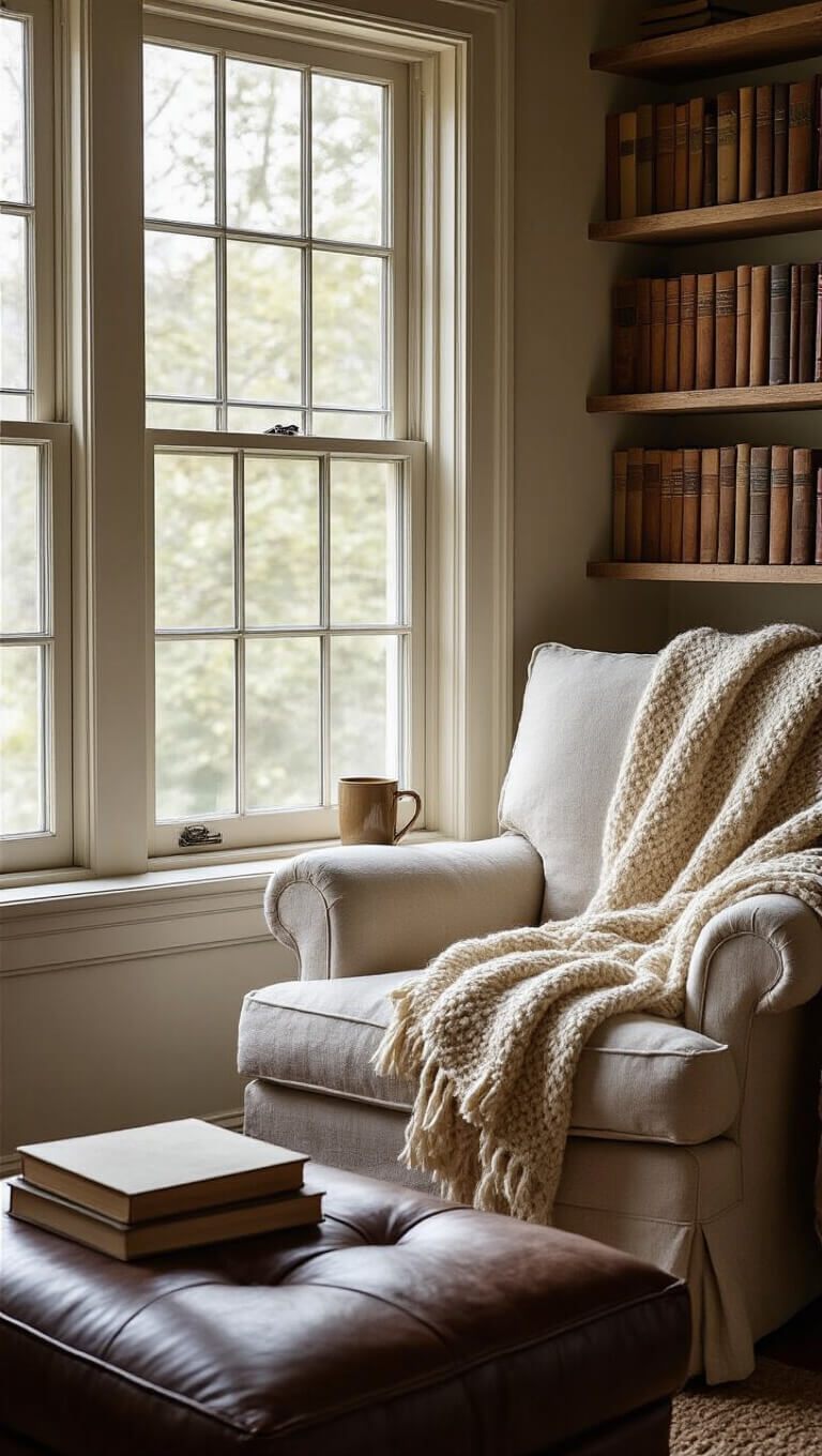 Cozy bay window reading nook with worn linen armchair, wool throw, leather ottoman, reclaimed wood shelves of books, and soft twilight through leaded glass.