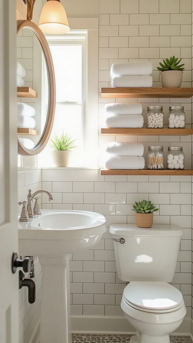 Compact 5x7 bathroom with white subway tiles, pedestal sink, floating wooden shelves above toilet holding towels, jars, and a succulent, lit by soft morning sunlight through frosted window.