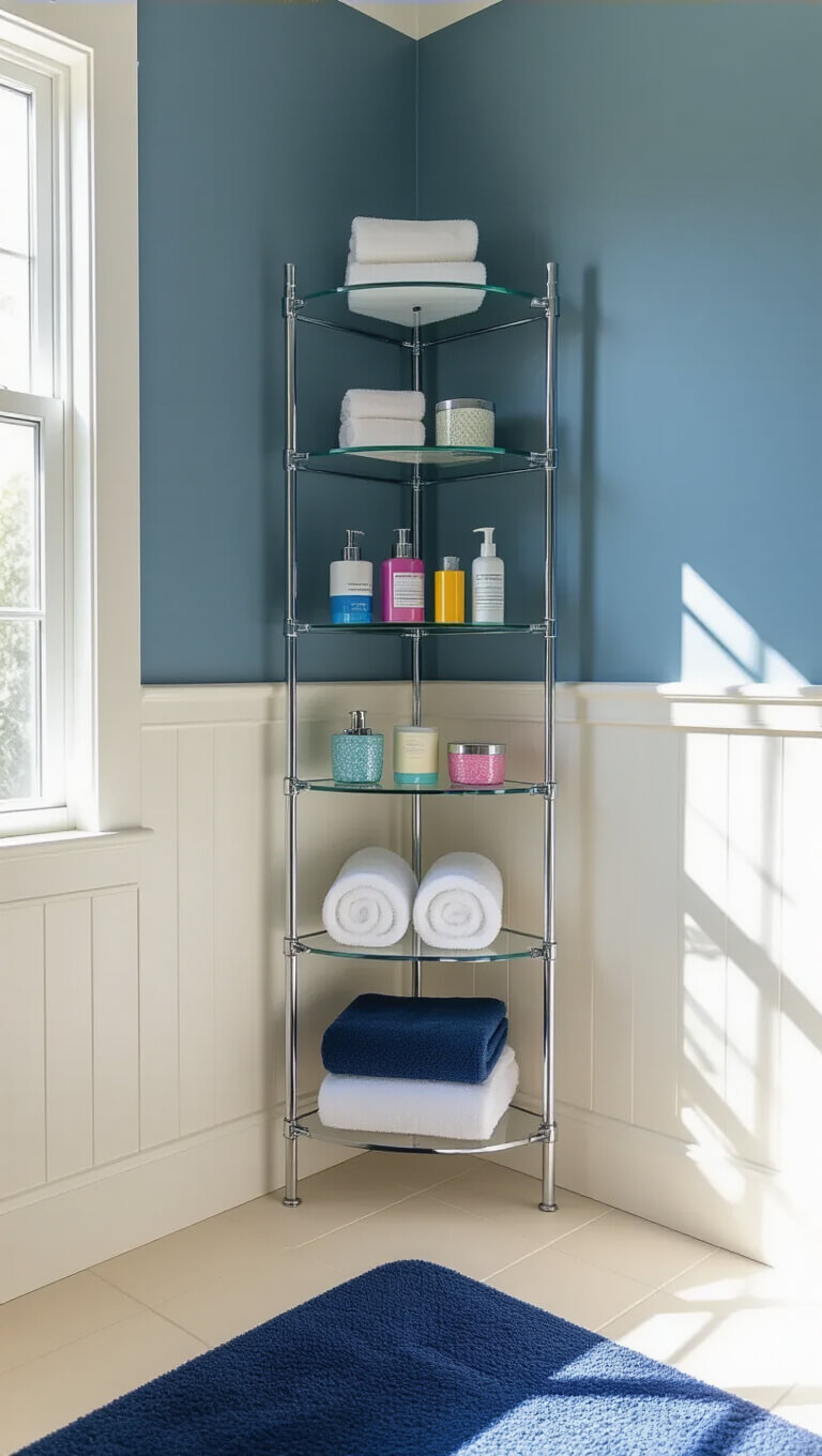 L-shaped bathroom with pale blue walls, cream floor tiles, a chrome-framed corner shelf holding colorful toiletries and rolled washcloths, and a navy bath mat adding contrast.