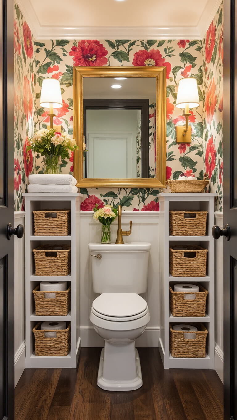 Cozy powder room with bold floral wallpaper, dark wood flooring, and a tall white over-the-toilet storage unit filled with baskets and decor, viewed from a low angle to emphasize height and space.