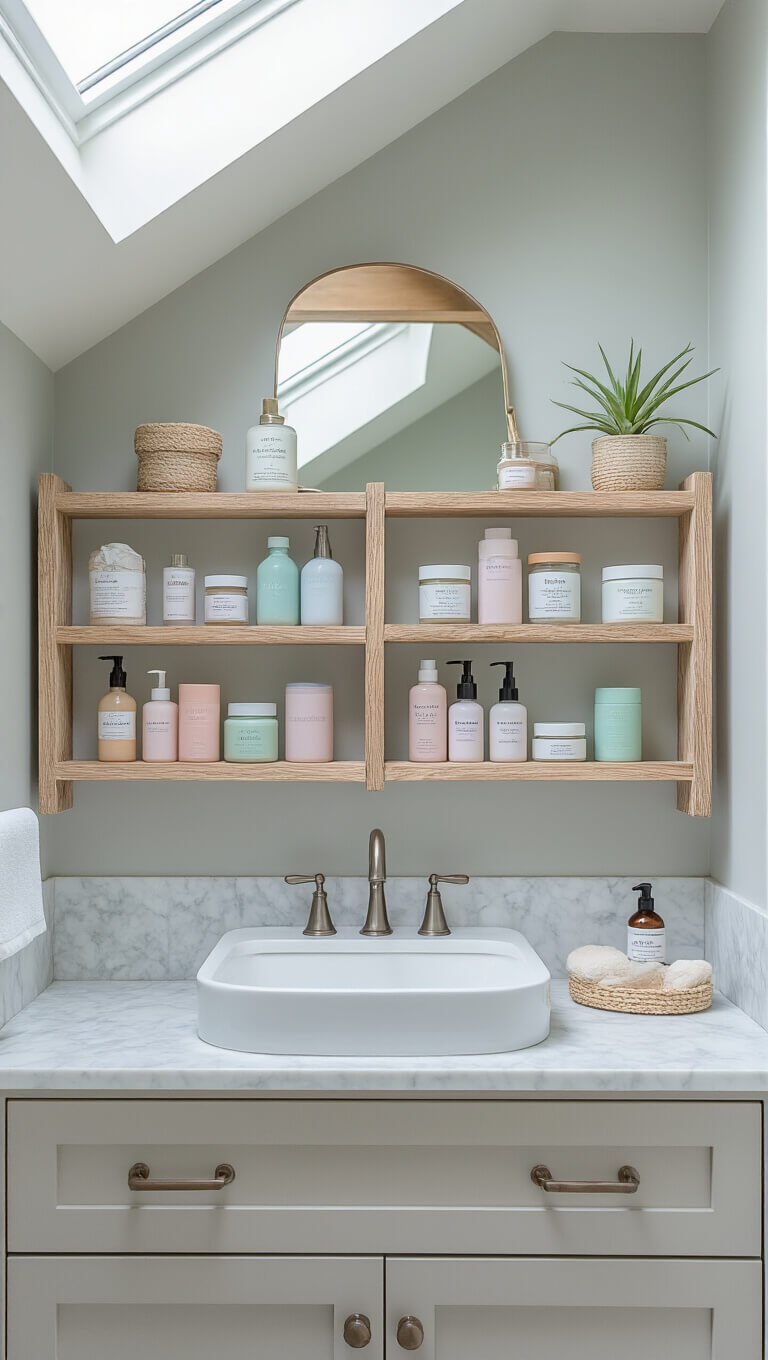 Close-up of white-painted wooden spice rack shelves with pastel skincare products and an air plant, flanking a vanity mirror above a quartz countertop with vessel sink in a brightly lit guest bathroom.