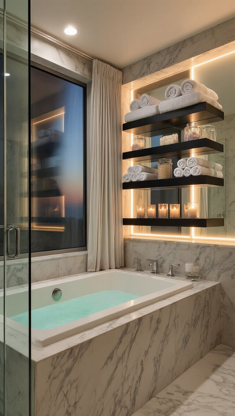 Luxurious master bathroom with marble tiles, glass shower, freestanding tub beneath window with matte black floating shelves displaying towels, bath salts, and candles; warm recessed lighting and soft curtains enhance spa-like ambiance.