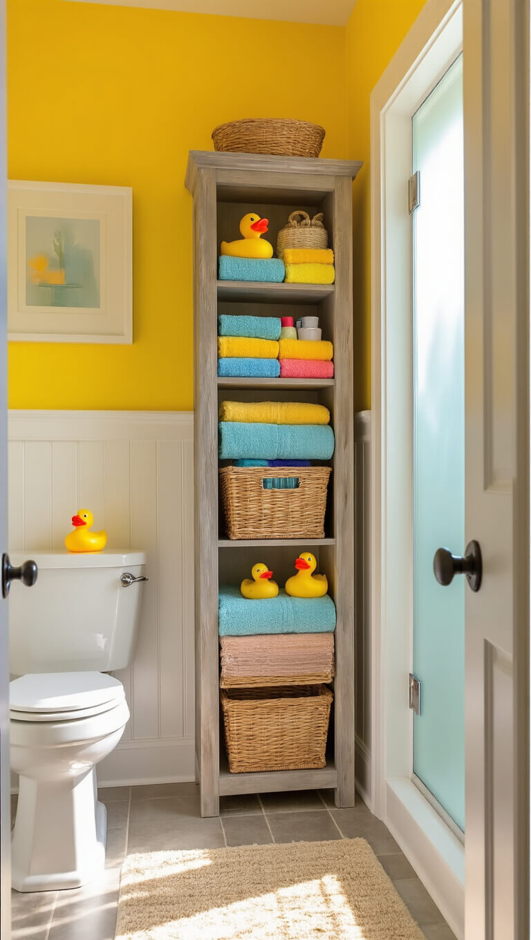 Bright family bathroom with yellow walls, tall weathered wood storage unit, colorful towels, and rubber ducks, bathed in midday sunlight.