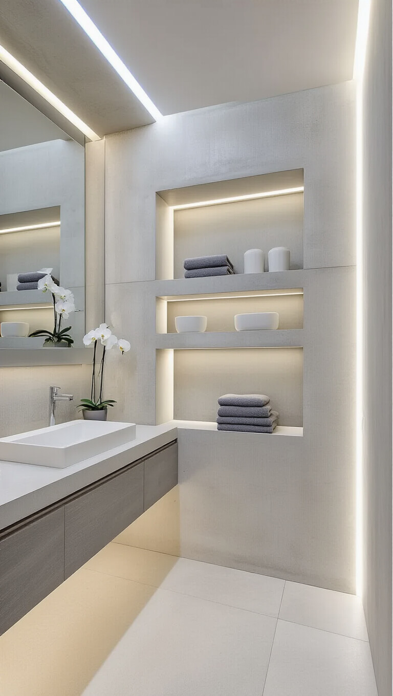 Modern 5x8 ft bathroom with concrete walls, floating vanity, recessed lit shelves displaying ceramic containers, orchid, and towels, and a frameless mirror along the wall.