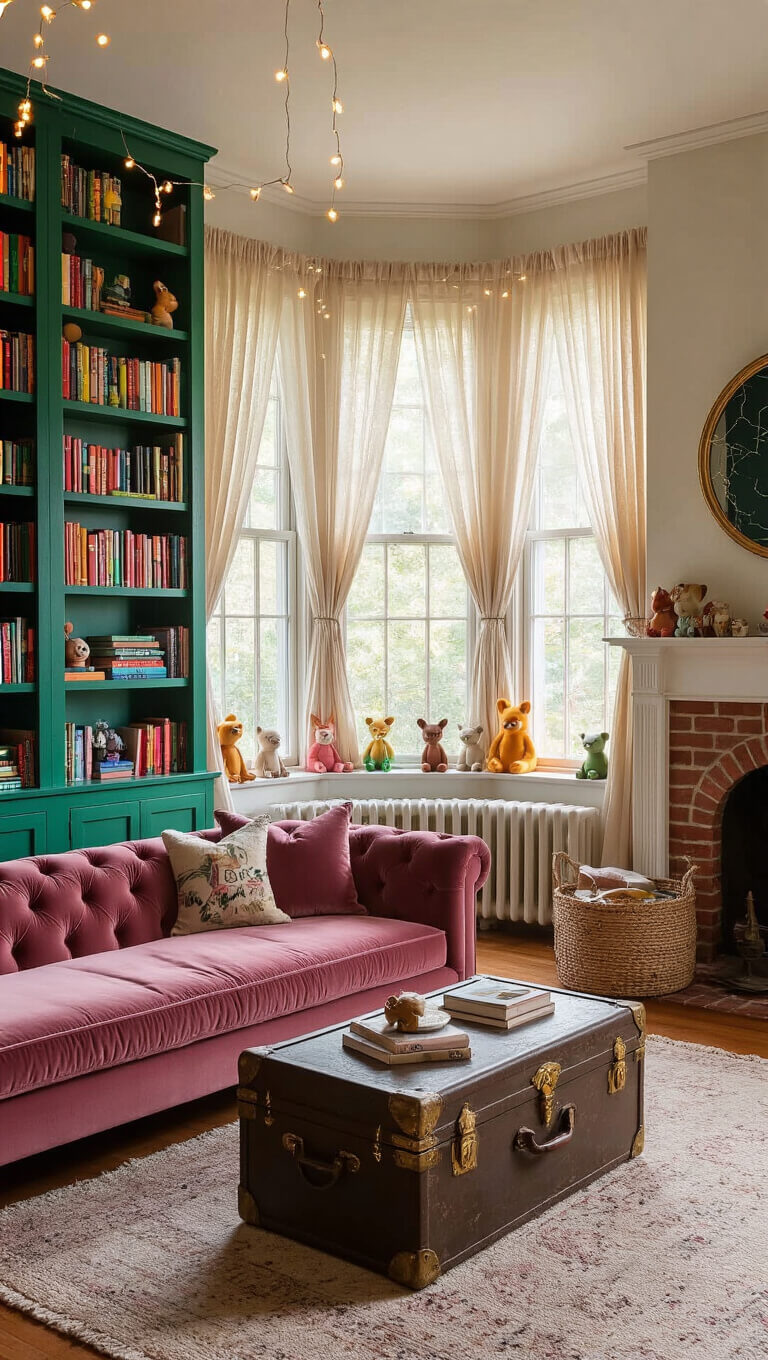 Cozy living room with dusty rose velvet sofa, emerald green bookshelf, bay window with gauzy curtains, vintage trunk coffee table, fairy lights, and constellation mirror over a painted brick fireplace.