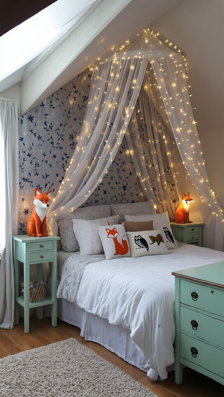 Whimsical bedroom with a canopy bed draped in fairy lights, starry wallpaper, woodland-themed decor, and soft natural lighting filtering through sheer curtains.