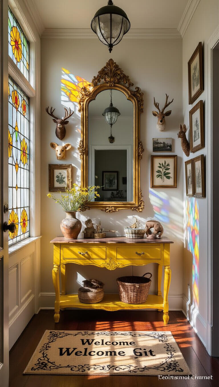 Charming entryway with stained glass light patterns, yellow vintage console, whimsical woodland coat hooks, and eclectic wall art under high ceilings.
