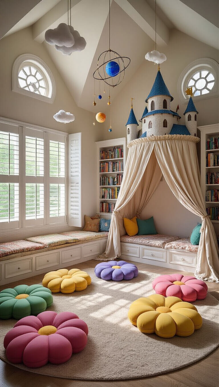 Whimsical children's playroom with storybook-themed decor, including castle bookshelf, hot air balloon reading nook, flower-shaped cushions, solar system mobile, and meadow rug under dreamy afternoon light.