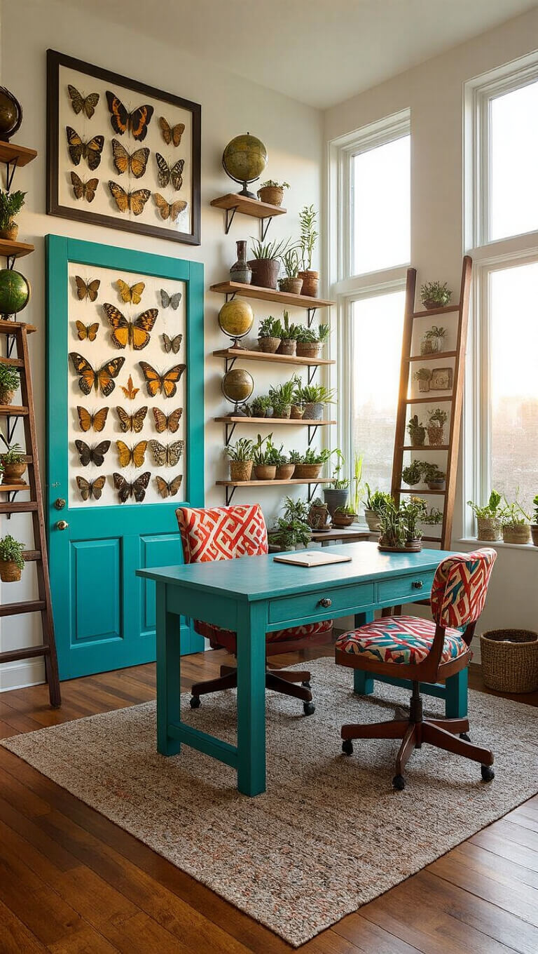 Eclectic 9x11 ft home office bathed in golden hour light, featuring a teal repurposed door desk, mismatched geometric chairs, butterfly specimen wall, floating succulent shelves, map-themed ladder bookshelf, and abstract world map rug on hardwood floors.