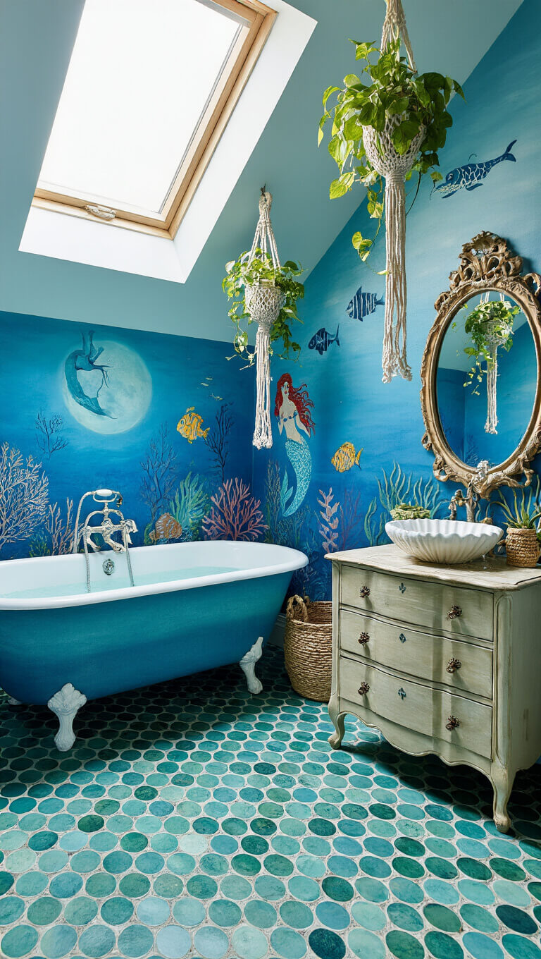 Whimsical ocean-themed bathroom with clawfoot tub, underwater mural, seashell sink, octopus towel hooks, fish scale tiles, and moonlit skylight.