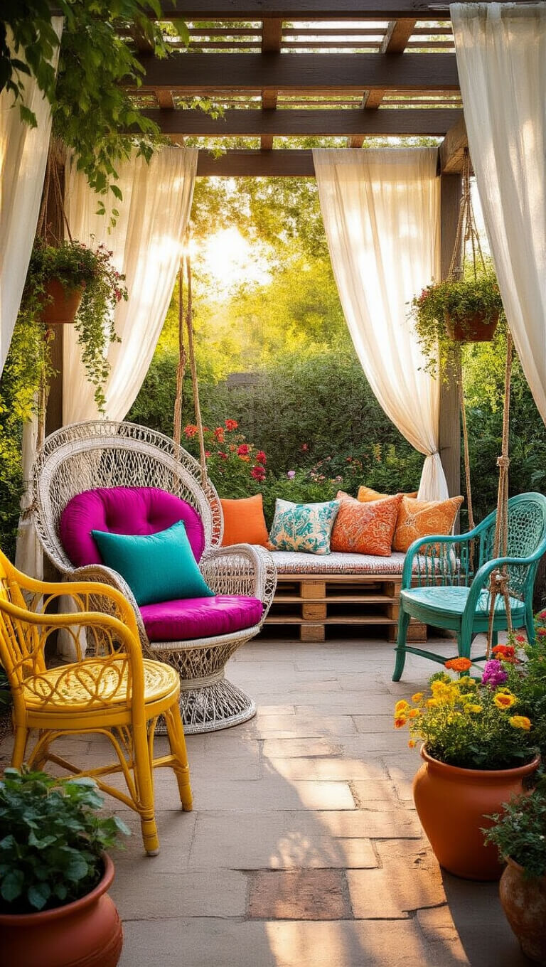 Eclectic patio at golden hour with rattan peacock chair, colorful thrifted seating, pallet swing bed, terracotta pots, and hanging Moroccan lanterns under a pergola with white curtains.