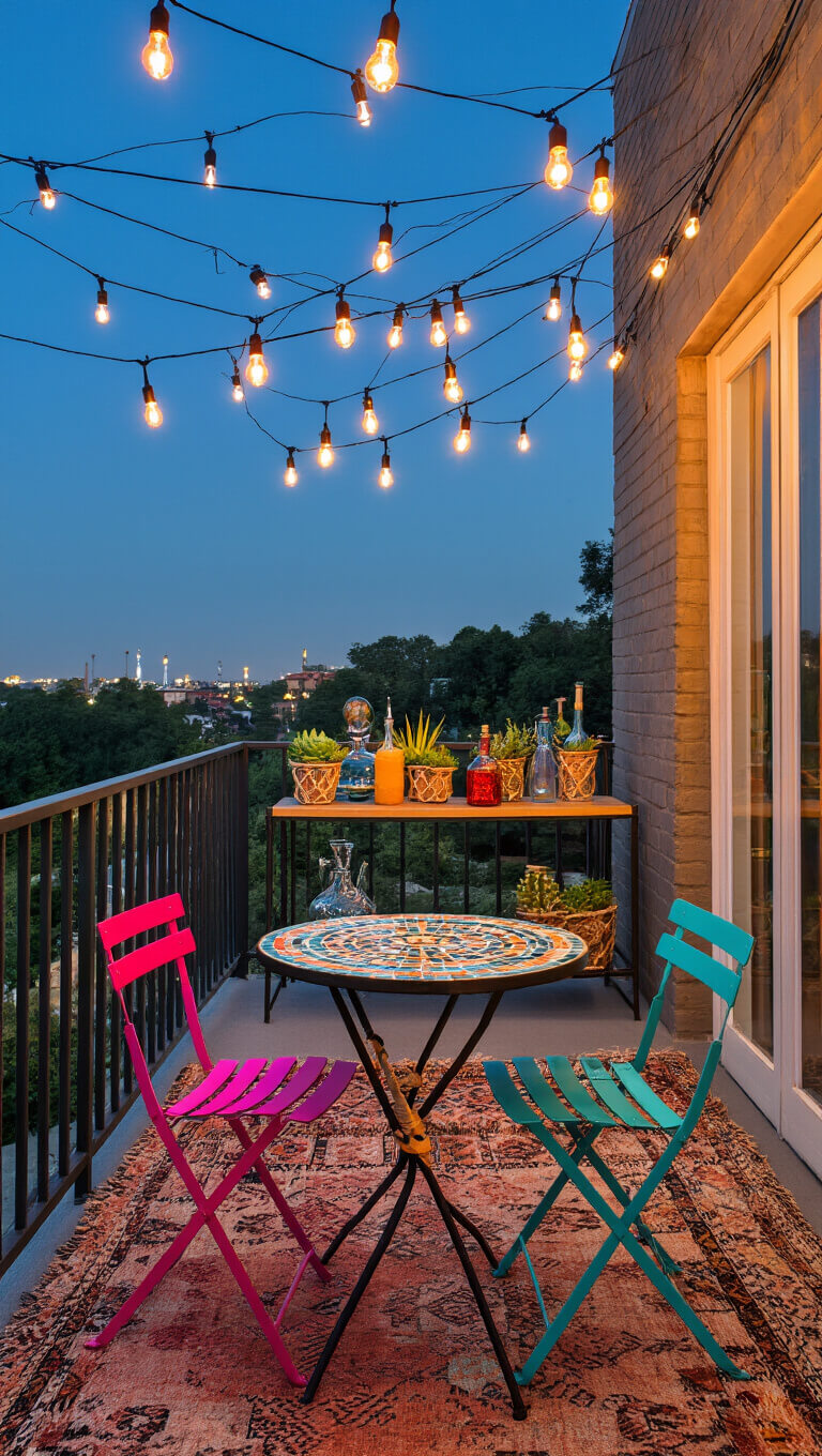 Cozy twilight balcony with Edison bulb lighting, mosaic bistro table, vintage chairs, macramé-hung succulents, colorful rugs, and hanging paper lanterns.