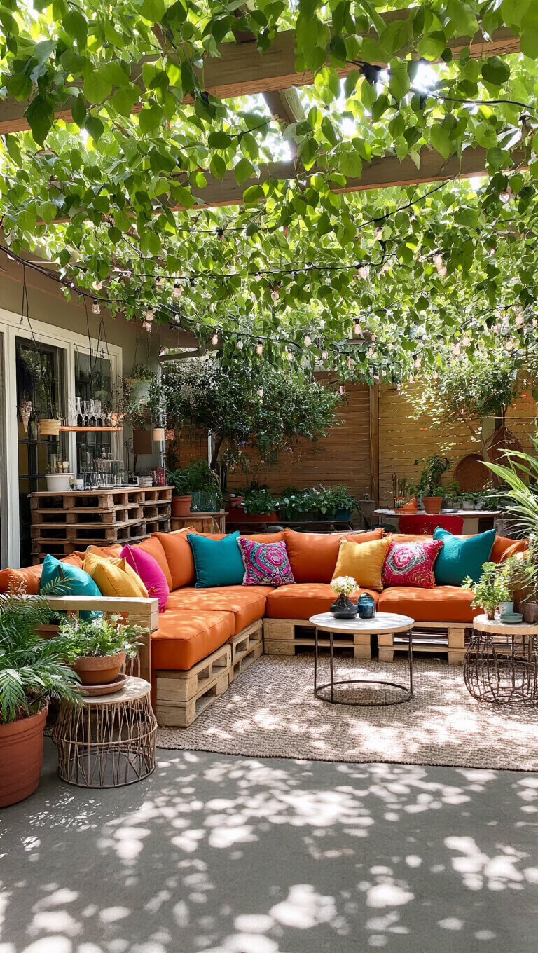 Wide-angle view of a sunlit 20x15 ft covered patio with a burnt orange sectional sofa, colorful embroidered pillows, mismatched side tables, a DIY pallet bar with string lights, a rattan egg chair reading nook, and a vibrant kilim rug on the concrete floor.