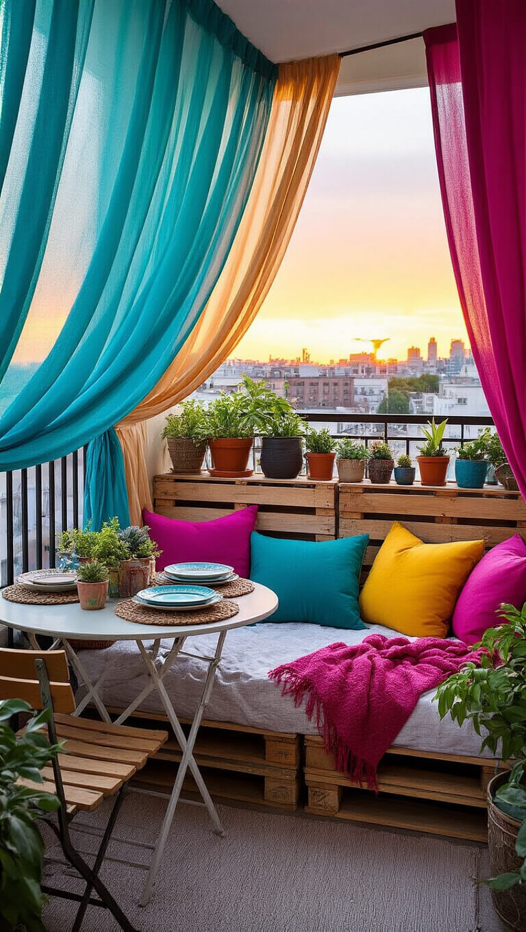 Bohemian-style apartment balcony at sunset with a pallet daybed, colorful pillows, sheer ombré curtains, vintage dining setup, lush plants, fairy lights, and a leather pouf, viewed from inside through an open doorway.