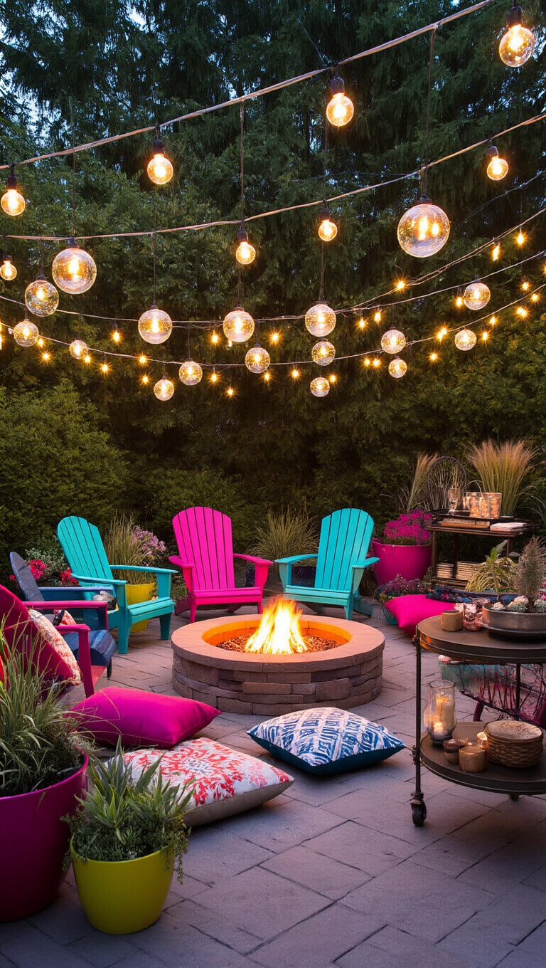 Colorful backyard patio at dusk with circular fire pit seating, eclectic chairs, string lights, vibrant planters, mosaic fountain, and cozy s'mores station.