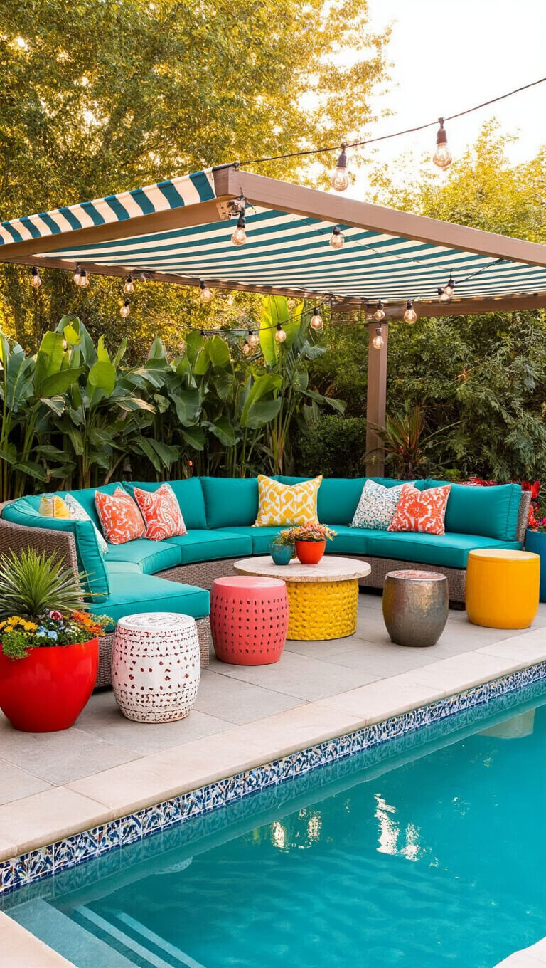Whimsical poolside patio with teal curved sectional, colorful pillows, mismatched side tables, striped awning, tropical planters, quirky sculptures, vintage ice cream cart bar, and geometric outdoor rugs, viewed from pool edge.