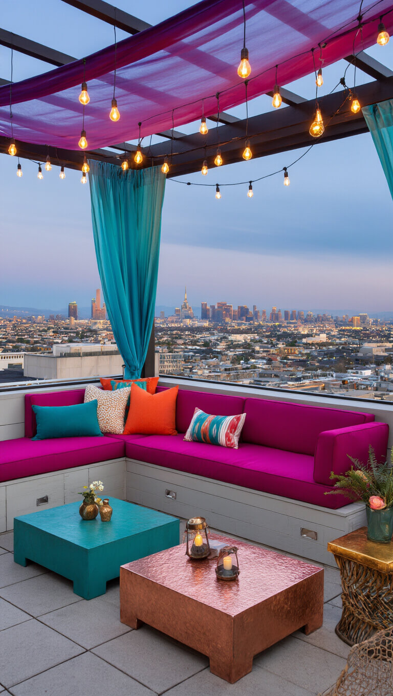 Twilight rooftop patio with magenta L-shaped bench, colorful pillows, mismatched tables, sheer ombré curtains, Edison bulbs, lush planters, vintage bar cart, Moroccan lanterns, and city skyline backdrop.