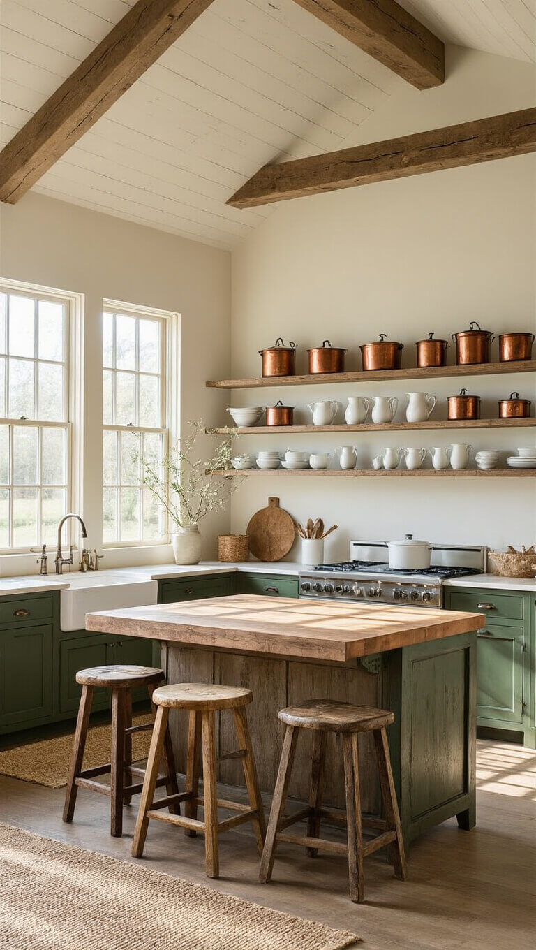 Sunlit farmhouse kitchen with vaulted ceiling, exposed beams, large distressed wood island, butcher block top, vintage stools, open shelving with copper pots and ceramic pitchers, and forest green cabinets.
