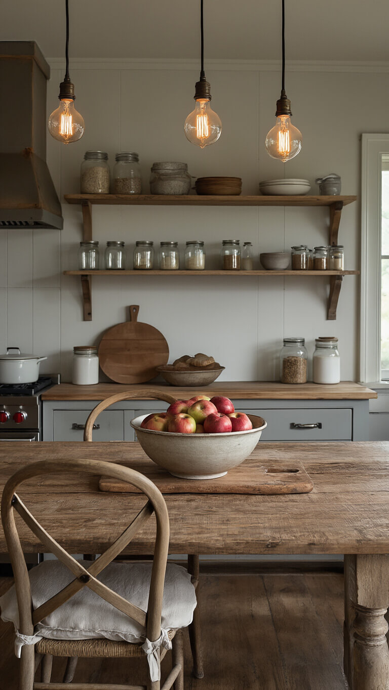 Low-angle view of a cozy kitchen with a vintage wooden table as an island, warm Edison bulb lighting, mason jars on open shelves, and rustic tabletop decor.